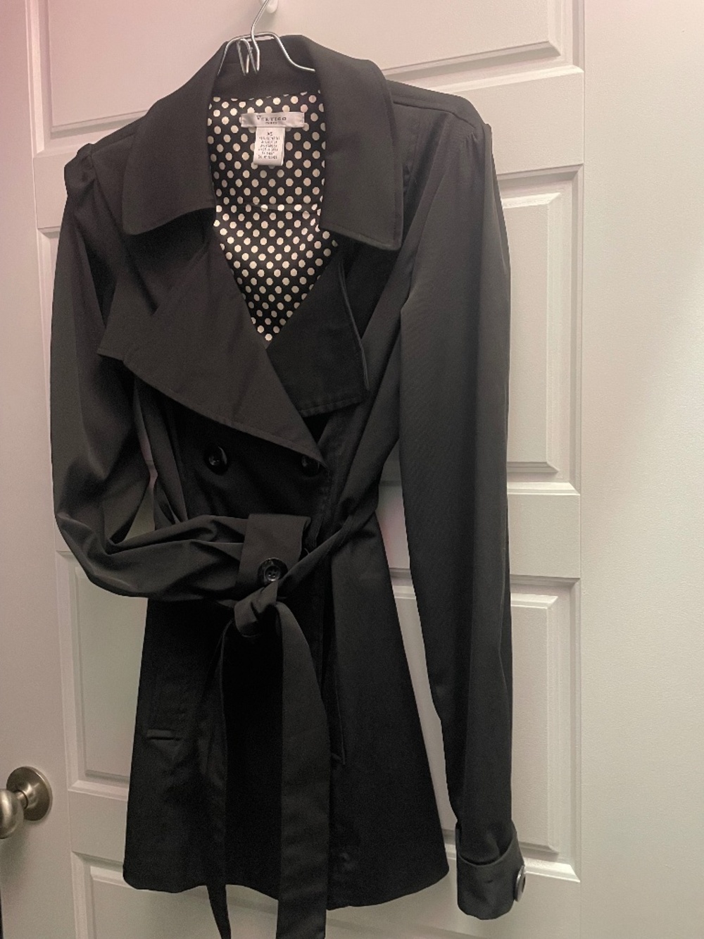 VERTIGO PARIS Classic Double-Breasted Black Trench Coat with Tie Belt | Size XS